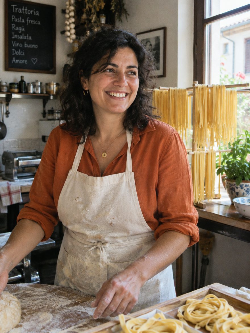 Giulia dans sa cuisine, les pâtes fraîches qui sèchent derrière elle