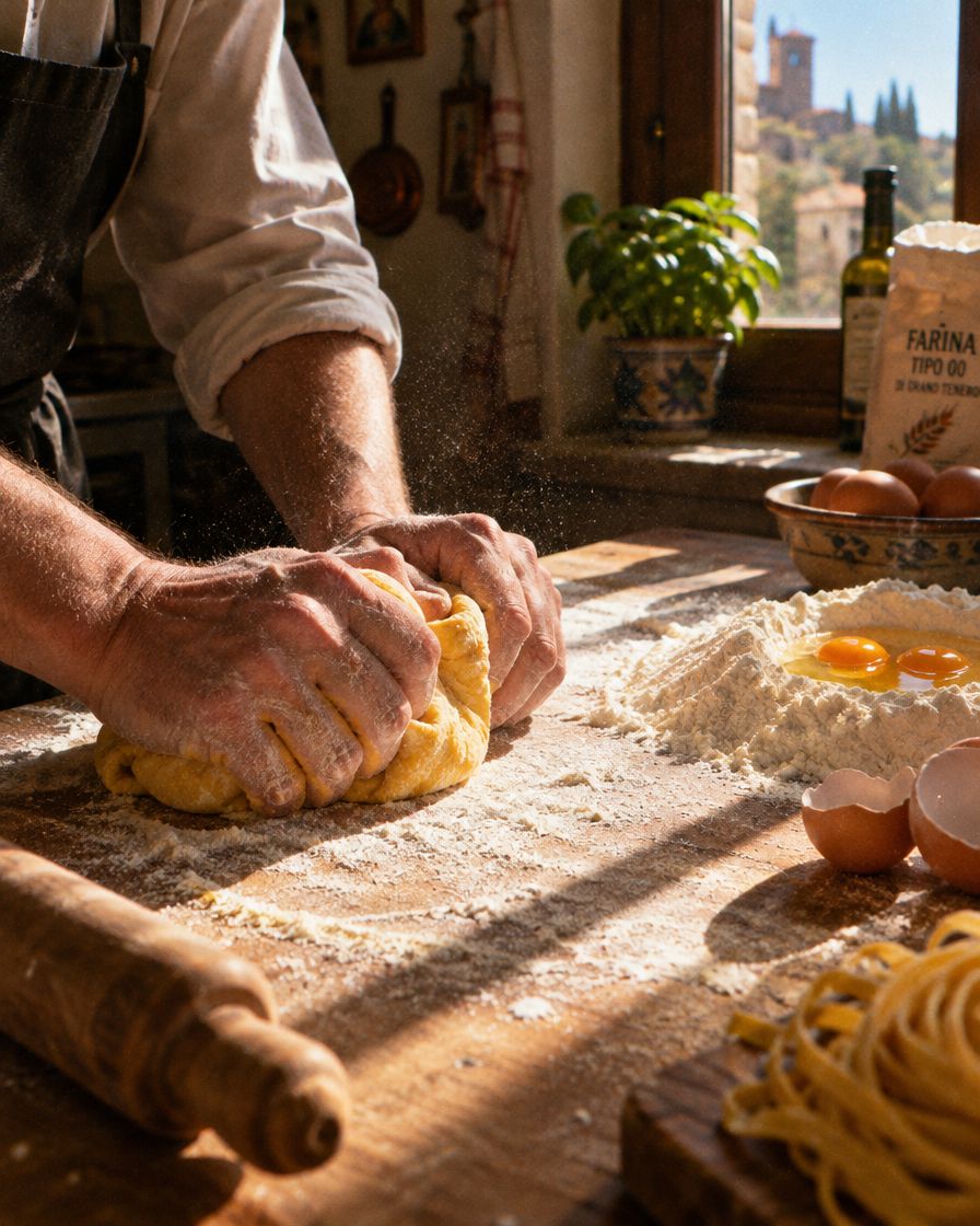 Les mains de Giulia pétrissent la pâte dans la farine